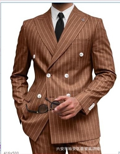 Ανδρικό κοστούμι με ρίγες, slim fit, πέτο κορυφής, διπλής σειράς κουμπιά, διαπνέον πολυεστερικό μίγμα για καλοκαίρι, κατάλληλο για καθημερινή χρήση και γάμους