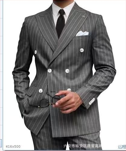 Ανδρικό κοστούμι με ρίγες, slim fit, πέτο κορυφής, διπλής σειράς κουμπιά, διαπνέον πολυεστερικό μίγμα για καλοκαίρι, κατάλληλο για καθημερινή χρήση και γάμους