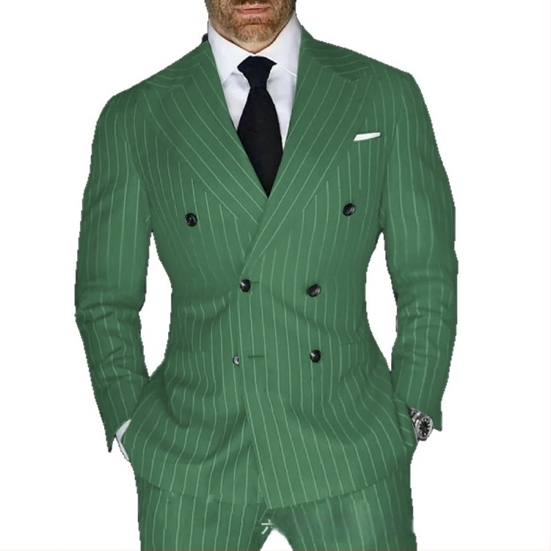 Ανδρικό κοστούμι με ρίγες, slim fit, πέτο κορυφής, διπλής σειράς κουμπιά, διαπνέον πολυεστερικό μίγμα για καλοκαίρι, κατάλληλο για καθημερινή χρήση και γάμους