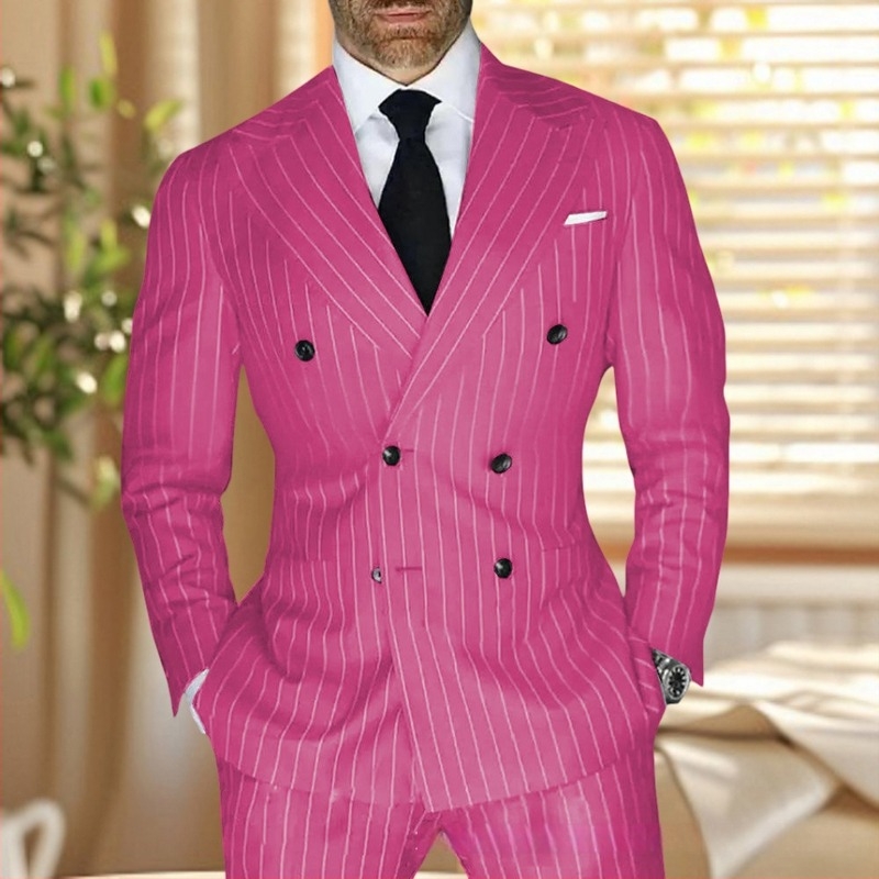 Ανδρικό κοστούμι με ρίγες, slim fit, πέτο κορυφής, διπλής σειράς κουμπιά, διαπνέον πολυεστερικό μίγμα για καλοκαίρι, κατάλληλο για καθημερινή χρήση και γάμους