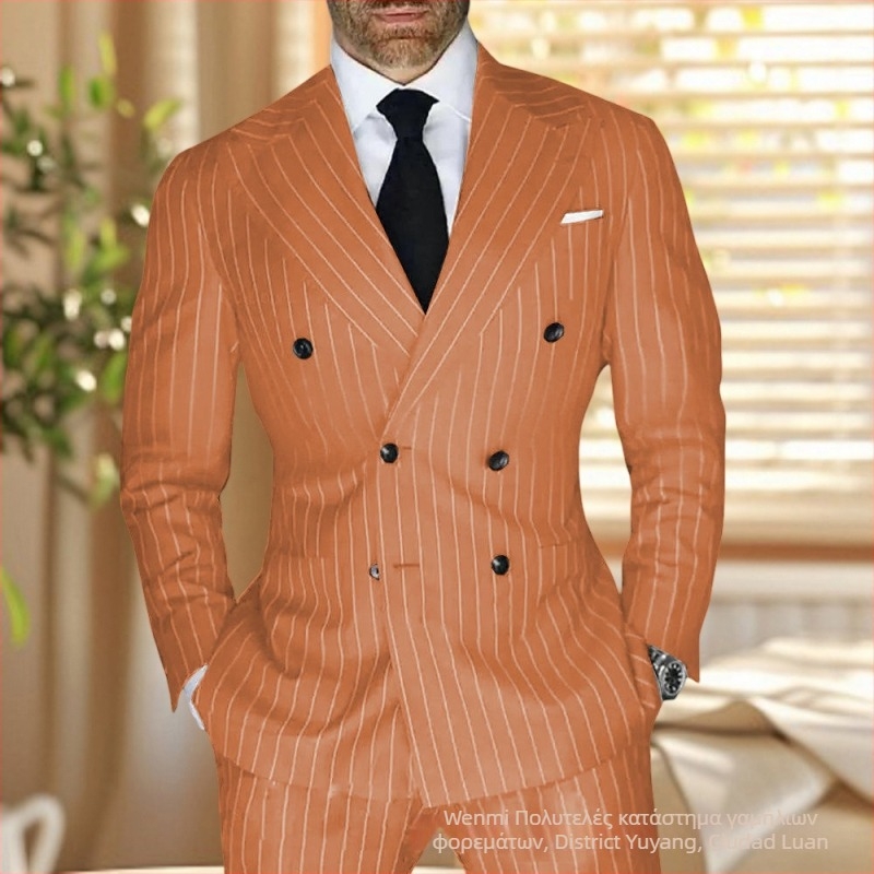 Ανδρικό κοστούμι με ρίγες, slim fit, πέτο κορυφής, διπλής σειράς κουμπιά, διαπνέον πολυεστερικό μίγμα για καλοκαίρι, κατάλληλο για καθημερινή χρήση και γάμους