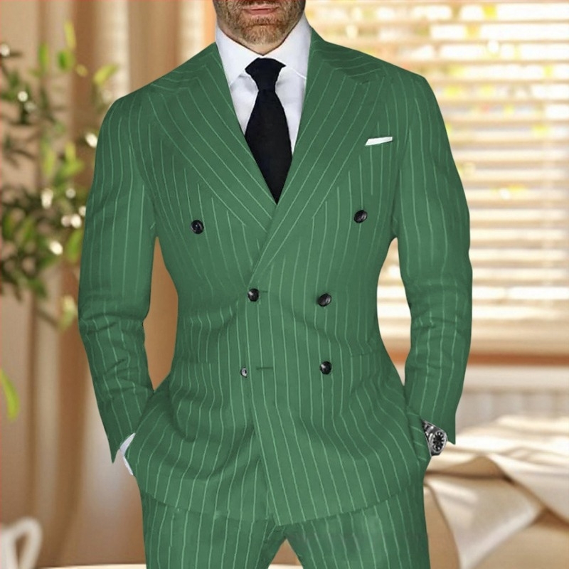 Ανδρικό κοστούμι με ρίγες, slim fit, πέτο κορυφής, διπλής σειράς κουμπιά, διαπνέον πολυεστερικό μίγμα για καλοκαίρι, κατάλληλο για καθημερινή χρήση και γάμους