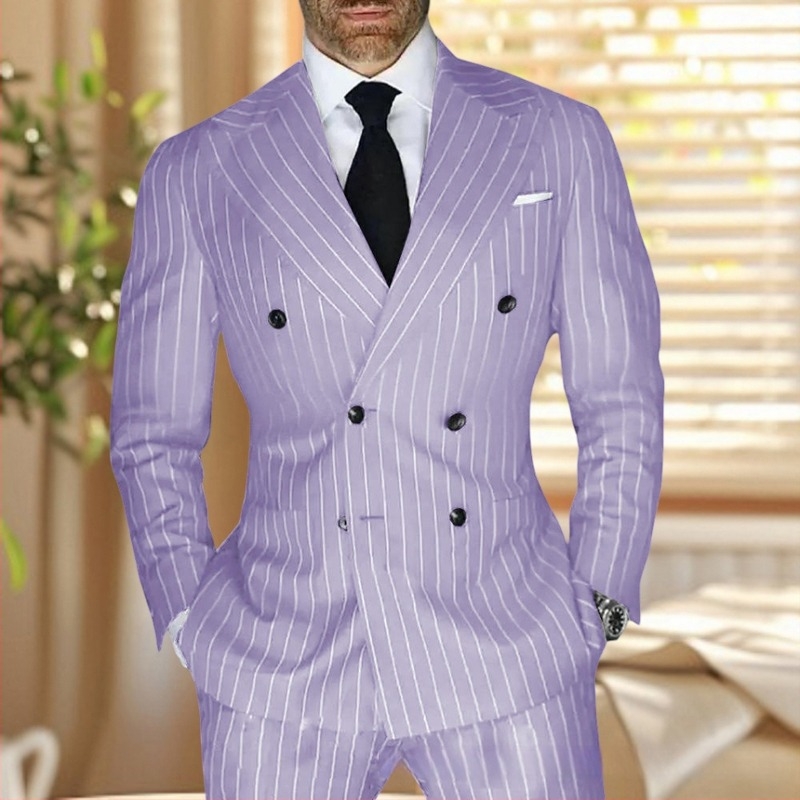 Ανδρικό κοστούμι με ρίγες, slim fit, πέτο κορυφής, διπλής σειράς κουμπιά, διαπνέον πολυεστερικό μίγμα για καλοκαίρι, κατάλληλο για καθημερινή χρήση και γάμους