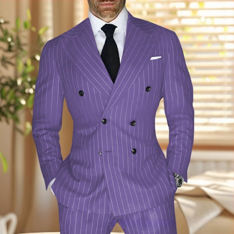 Ανδρικό κοστούμι με ρίγες, slim fit, πέτο κορυφής, διπλής σειράς κουμπιά, διαπνέον πολυεστερικό μίγμα για καλοκαίρι, κατάλληλο για καθημερινή χρήση και γάμους