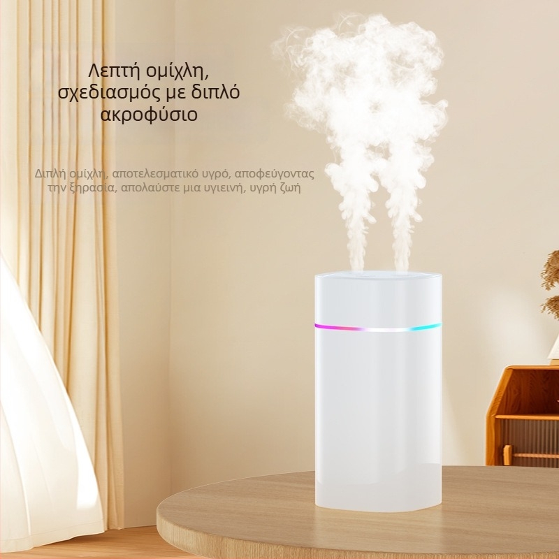 Υγραντήρας αέρα με διπλά ακροφύσια ψεκασμού, μεγάλης ποσότητας ομίχλης, τροφοδοσία USB, δεξαμενή 0,5–1 L, κατάλληλος για 31–40 τ.μ.