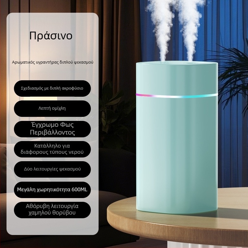 Υγραντήρας αέρα με διπλά ακροφύσια ψεκασμού, μεγάλης ποσότητας ομίχλης, τροφοδοσία USB, δεξαμενή 0,5–1 L, κατάλληλος για 31–40 τ.μ.