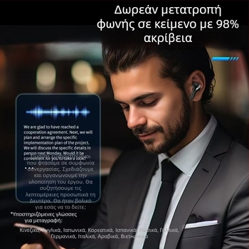 Ακουστικό AI μετάφρασης: Bluetooth 5.4, εμβέλεια 10 m, χαμηλή καθυστέρηση για esports, μπαταρία 4–8 ωρών, αδιάβροχο