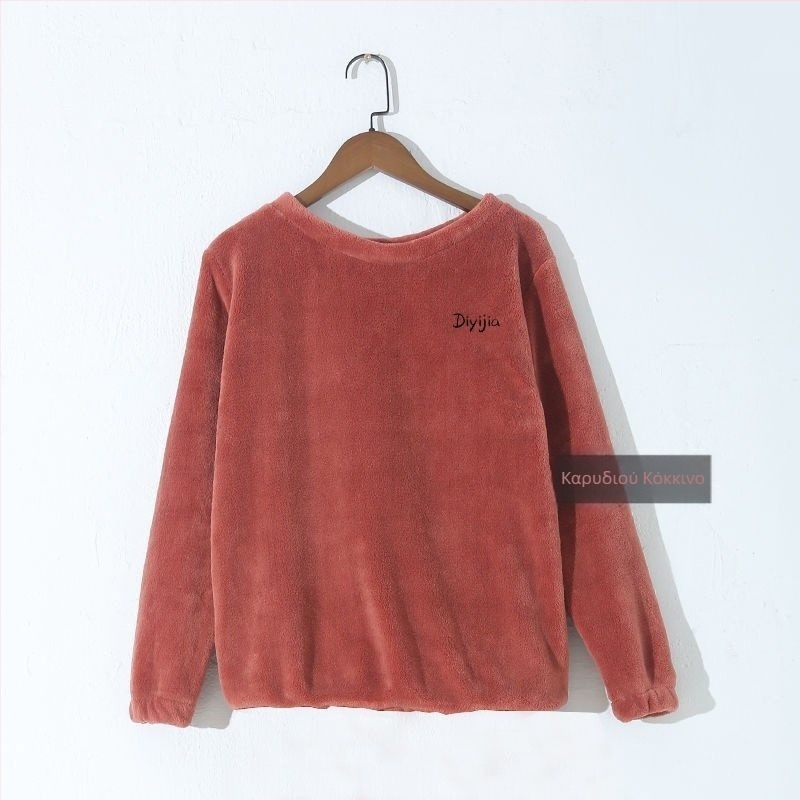 Γυναικείο σετ πιζάμα για χειμώνα από coral fleece, φαρδύ άνετο, πουλόβερ με στρογγυλή λαιμόκοψη και μακριά μανίκια, παντελόνια