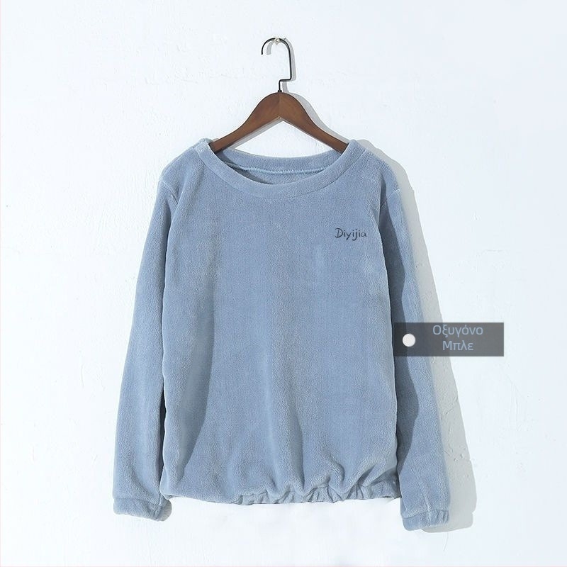 Γυναικείο σετ πιζάμα για χειμώνα από coral fleece, φαρδύ άνετο, πουλόβερ με στρογγυλή λαιμόκοψη και μακριά μανίκια, παντελόνια