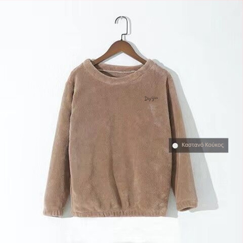 Γυναικείο σετ πιζάμα για χειμώνα από coral fleece, φαρδύ άνετο, πουλόβερ με στρογγυλή λαιμόκοψη και μακριά μανίκια, παντελόνια