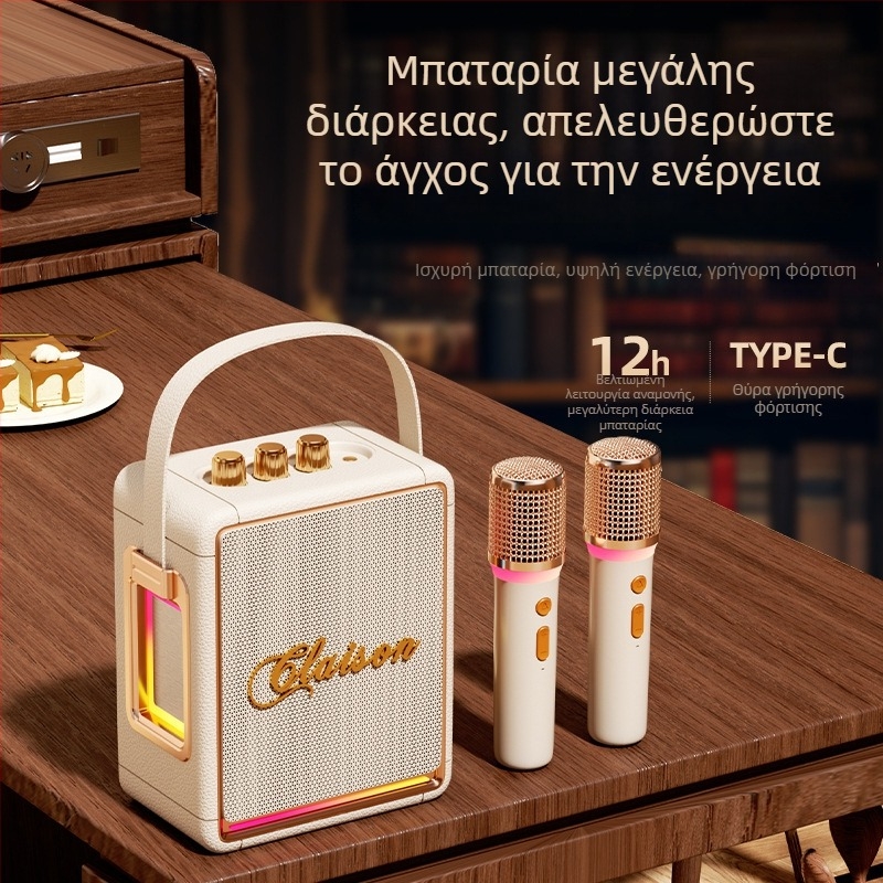 Karaoke Bluetooth ηχείο με ενσωματωμένο μικρόφωνο, όλα-σε-ένα, 40W, μπαταρία 2000–4000 mAh, Bluetooth 5.3, εύρος συχνοτήτων 40Hz–20kHz, IPX4, δύο ηχεία, Hi‑Fi ήχος