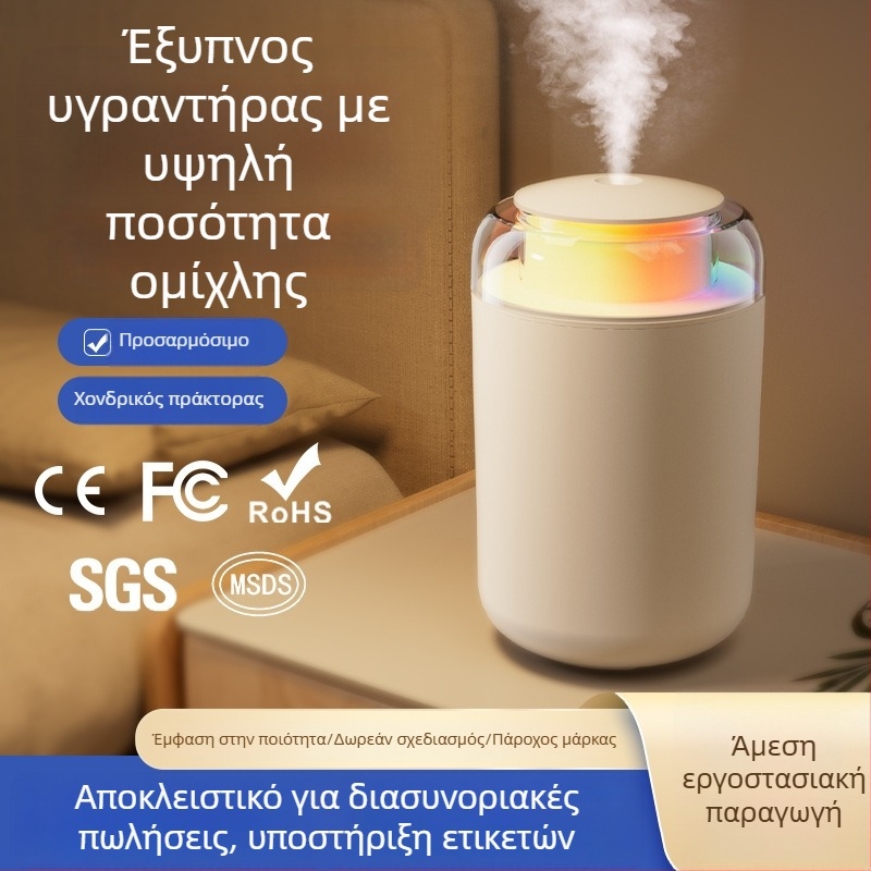 Υγραντήρας οικιακός, συμπαγής κατακόρυφος σχεδιασμός, αθόρυβη λειτουργία, τροφοδοσία μέσω USB, δεξαμενή 1.0–2.5 L, κάλυψη 41–60 τ.μ.