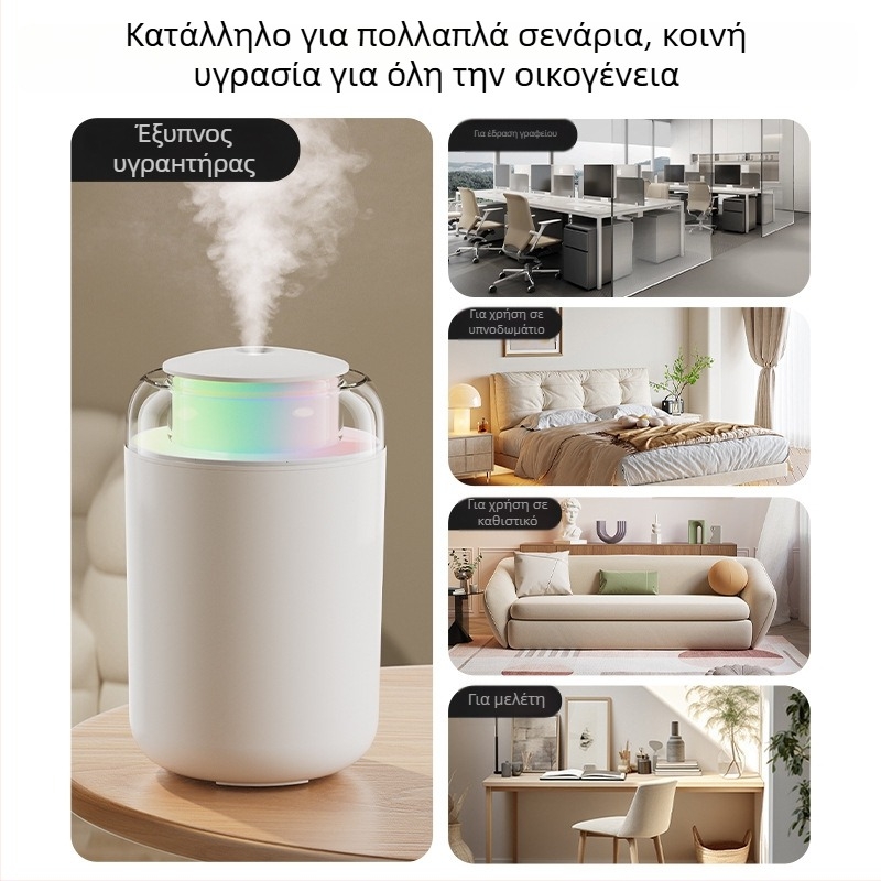Υγραντήρας οικιακός, συμπαγής κατακόρυφος σχεδιασμός, αθόρυβη λειτουργία, τροφοδοσία μέσω USB, δεξαμενή 1.0–2.5 L, κάλυψη 41–60 τ.μ.