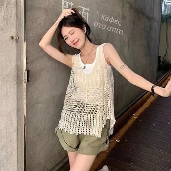 Γυναικείος τοπ βελονάκι με διάτρητη πλέξη, без μανίκια, από βαμβάκι, χαλαρή γραμμή, στρογγυλός λαιμός, μεσαίου μήκους