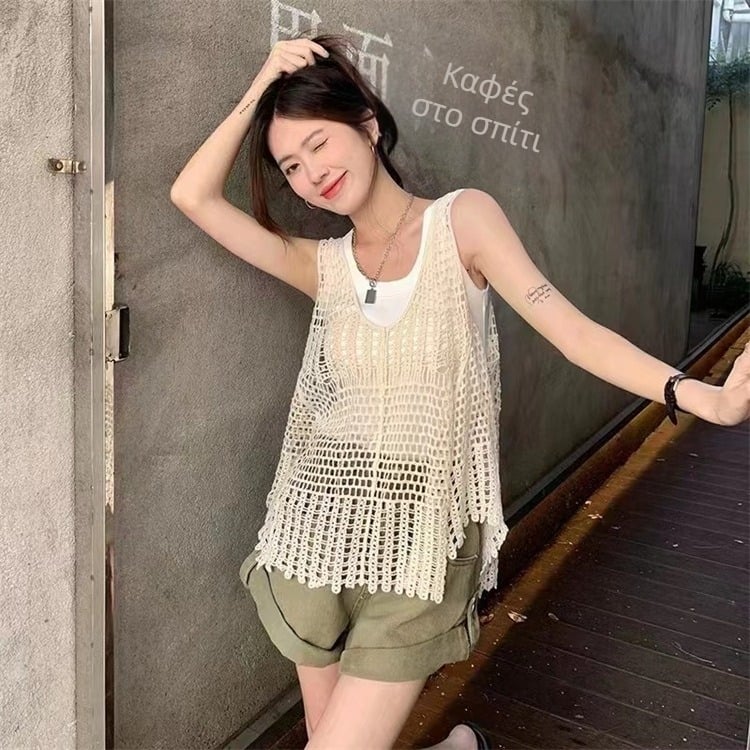 Γυναικείος τοπ βελονάκι με διάτρητη πλέξη, без μανίκια, από βαμβάκι, χαλαρή γραμμή, στρογγυλός λαιμός, μεσαίου μήκους