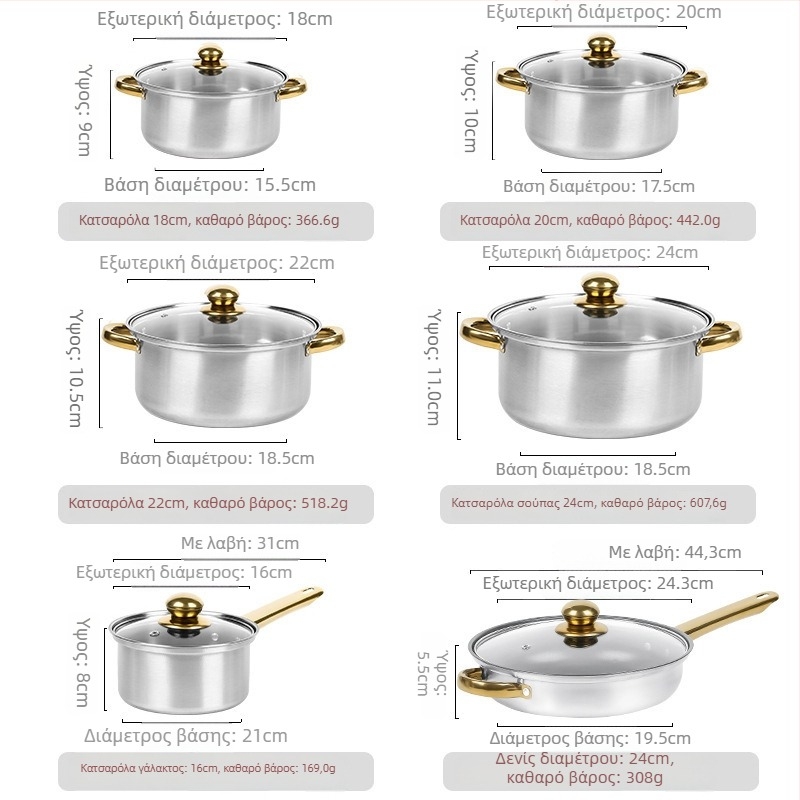 Σετ 12 τεμαχίων από ανοξείδωτο ατσάλι (410) με γυάλινα καπάκια, χωρίς καπνό, κατάλληλο για κοινές εστίες