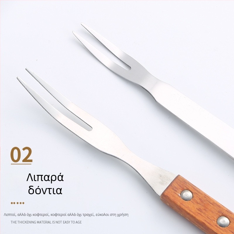 Σετ μαχαιριών και πιρουνιών για εξωτερικό μπάρμπεκιου με ξύλινες λαβές και λεπίδες από ανοξείδωτο ατσάλι — μαχαίρι κρέατος, μαχαίρι για μπριζόλες και πιρούνες μπάρμπεκιου σε μοντέρνο μινιμαλιστικό στυλ