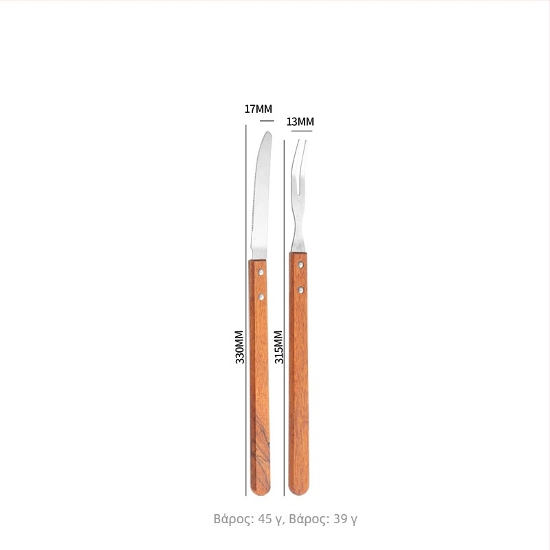 Σετ μαχαιριών και πιρουνιών για εξωτερικό μπάρμπεκιου με ξύλινες λαβές και λεπίδες από ανοξείδωτο ατσάλι — μαχαίρι κρέατος, μαχαίρι για μπριζόλες και πιρούνες μπάρμπεκιου σε μοντέρνο μινιμαλιστικό στυλ