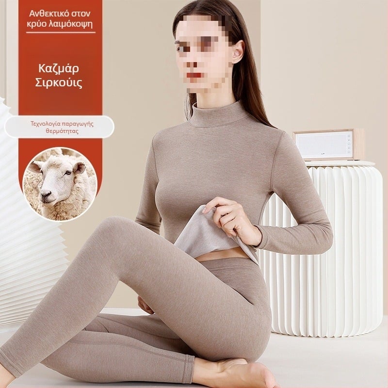 Σετ θερμικά εσώρουχα από μαλλί για γυναίκες - υψηλή λαιμόκοψη, μακριά μανίκια, μονόχρωμο μοτίβο, ύφασμα μαλλιού, ιαπωνο-κορεατικός χαλαρός στυλ