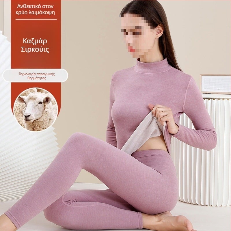 Σετ θερμικά εσώρουχα από μαλλί για γυναίκες - υψηλή λαιμόκοψη, μακριά μανίκια, μονόχρωμο μοτίβο, ύφασμα μαλλιού, ιαπωνο-κορεατικός χαλαρός στυλ