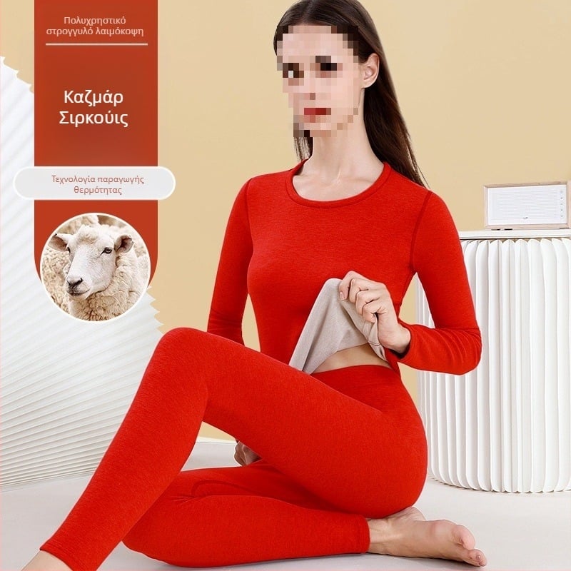 Σετ θερμικά εσώρουχα από μαλλί για γυναίκες - υψηλή λαιμόκοψη, μακριά μανίκια, μονόχρωμο μοτίβο, ύφασμα μαλλιού, ιαπωνο-κορεατικός χαλαρός στυλ