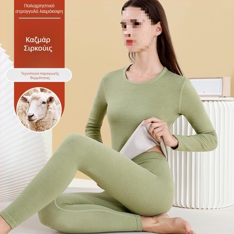 Σετ θερμικά εσώρουχα από μαλλί για γυναίκες - υψηλή λαιμόκοψη, μακριά μανίκια, μονόχρωμο μοτίβο, ύφασμα μαλλιού, ιαπωνο-κορεατικός χαλαρός στυλ