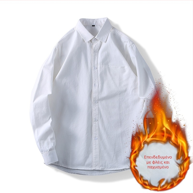 Αντρικό πουκάμισo με μακριά μανίκια, 100% βαμβάκι, για όλες τις εποχές, casual με γιάκατύ τύπου πέτο, λεπτομέρεια τσέπης