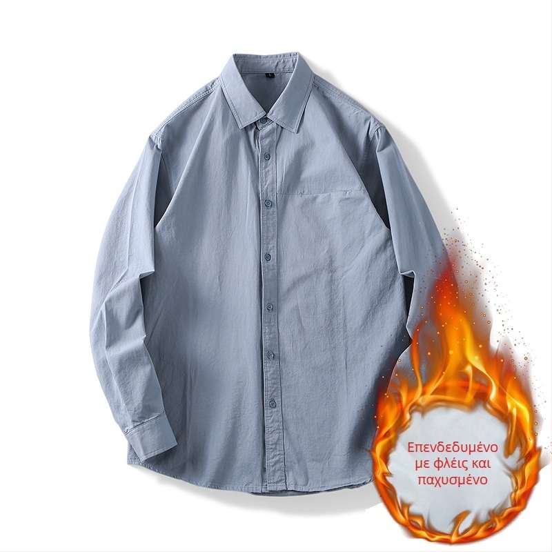 Αντρικό πουκάμισo με μακριά μανίκια, 100% βαμβάκι, για όλες τις εποχές, casual με γιάκατύ τύπου πέτο, λεπτομέρεια τσέπης