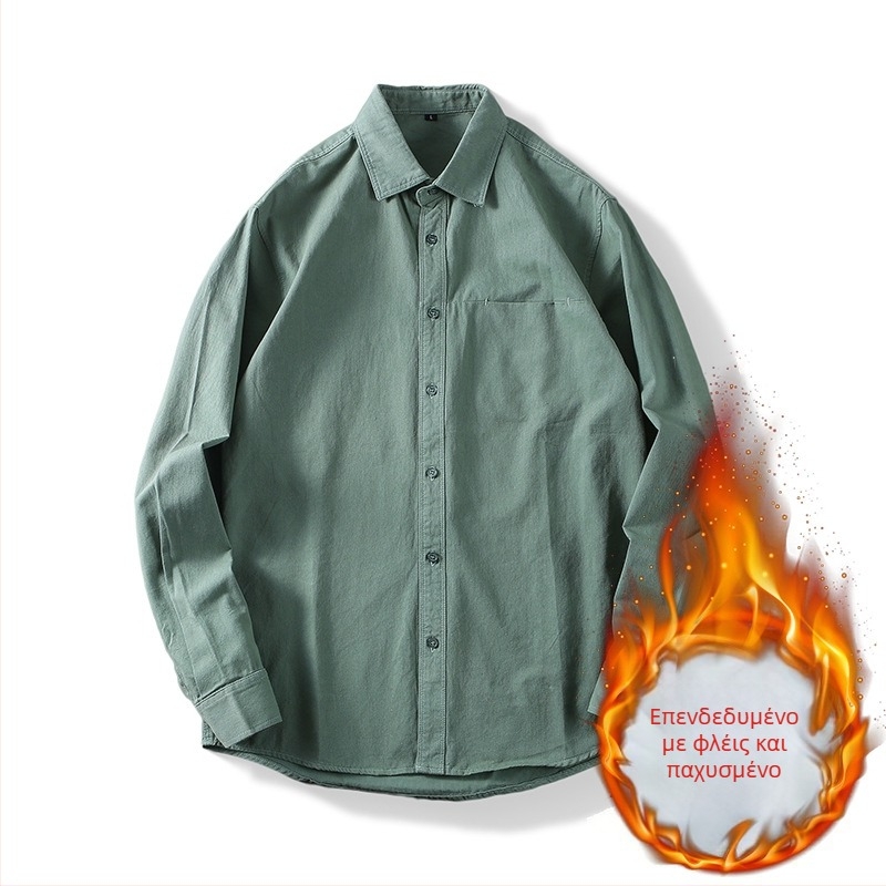 Αντρικό πουκάμισo με μακριά μανίκια, 100% βαμβάκι, για όλες τις εποχές, casual με γιάκατύ τύπου πέτο, λεπτομέρεια τσέπης