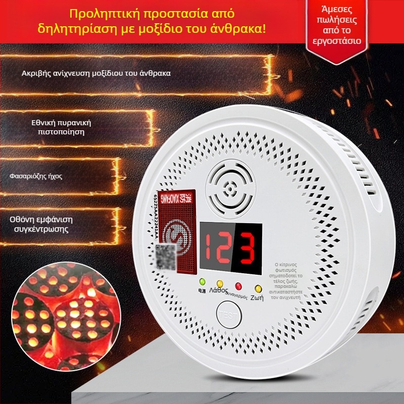 Σταθερός ανιχνευτής μονοξειδίου του άνθρακα, μοντέλο 008, 360° ανίχνευση, ασύρματο 433 MHz, συναγερμός ήχου και φωτός