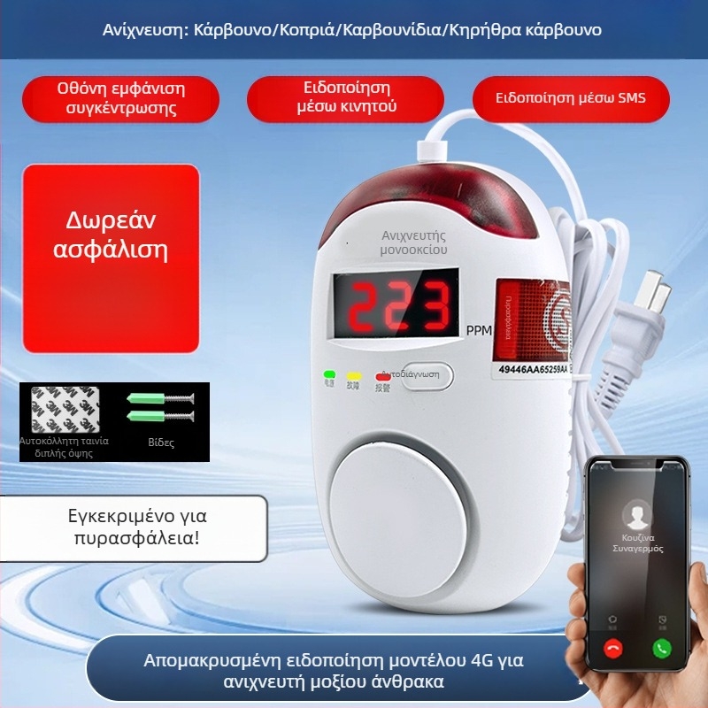 Σταθερός ανιχνευτής μονοξειδίου του άνθρακα, μοντέλο 008, 360° ανίχνευση, ασύρματο 433 MHz, συναγερμός ήχου και φωτός