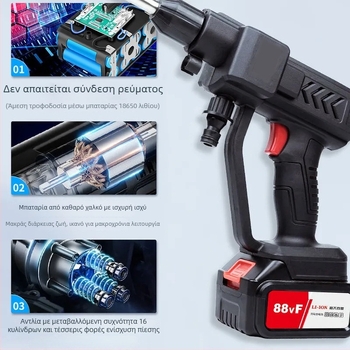 Ασύρματο πιστόλι υψηλής πίεσης για πλύσιμο αυτοκινήτων, 21V μπαταρία λιθίου, 300W, 5L δεξαμενή νερού, 5m σωλήνας