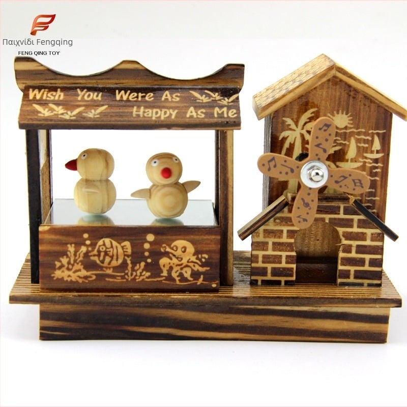 Ξύλινο μουσικό κουτί με χορεύον πουλί και κουρδιστό μηχανισμό, χαραγμένη διακόσμηση, μοντέρνο μινιμαλιστικό στυλ, μοντέλο 81005