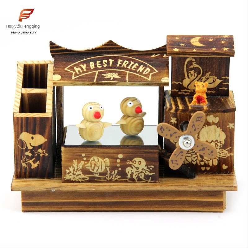 Ξύλινο μουσικό κουτί με χορεύον πουλί και κουρδιστό μηχανισμό, χαραγμένη διακόσμηση, μοντέρνο μινιμαλιστικό στυλ, μοντέλο 81005