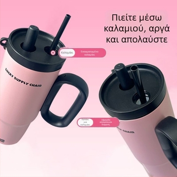 Θερμαινόμενη κύπελλο με λαβή, εσωτερικό 304 ανοξείδωτο χάλυβα, εξωτερικό 201 ανοξείδωτο χάλυβα, κενού μόνωση 6–12 ωρών, διαχωρισμός τσαγιού και νερού, περιλαμβάνει καλαμάκι