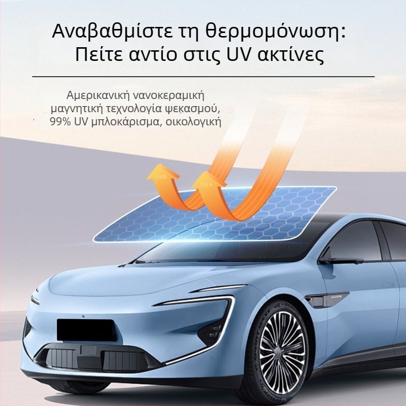 Φιλμ παραθύρων αυτοκινήτου – Υλικό PET; Διαπερατότητα φωτός 50–70%; Θερμική μόνωση 40–90%; UV προστασία 60–99%; Εμπρός παρμπρίζ με νανοκεραμική μόνωση.
