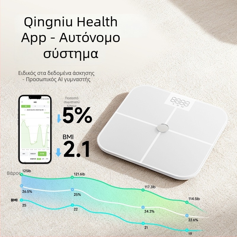 Έξυπνη ζυγαριά σώματος με ΙΤΟ προηγμένη αγώγιμη μεμβράνη; μετρά ποσοστό σωματικού λίπους και υδάτων, αισθητήρας τύπου G, Bluetooth έως 10 μ., εύρος ζύγισης 0,2–150 kg, οθόνη LED, συμβατή με Android και iOS