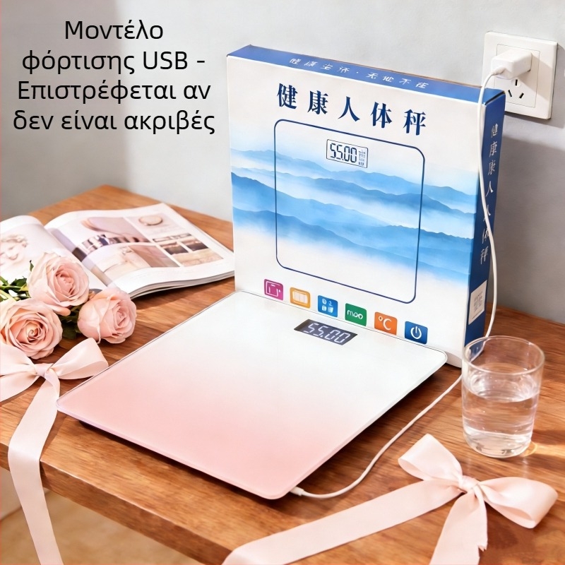 Ζυγαριά σώματος με γυάλινη πλατφόρμα, χωρητικότητα 180 kg, οθόνη 2 ιντσών, λειτουργία αφής και κουμπιού, ασύρματη εμβέλεια έως 5 m