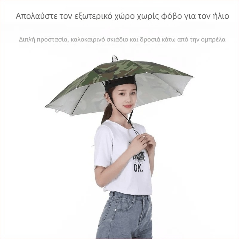 Ομπρέλα-καπέλο για το κεφάλι με σκελετό από σίδηρο 8 ραβδιά, ύφασμα πολυεστερικό 170T, πλαστικό κοντάρι και λαβή, χειροκίνητο άνοιγμα/κλείσιμο, κατάλληλη για εξωτερικές δραστηριότητες (ψάρεμα, φωτογράφηση)