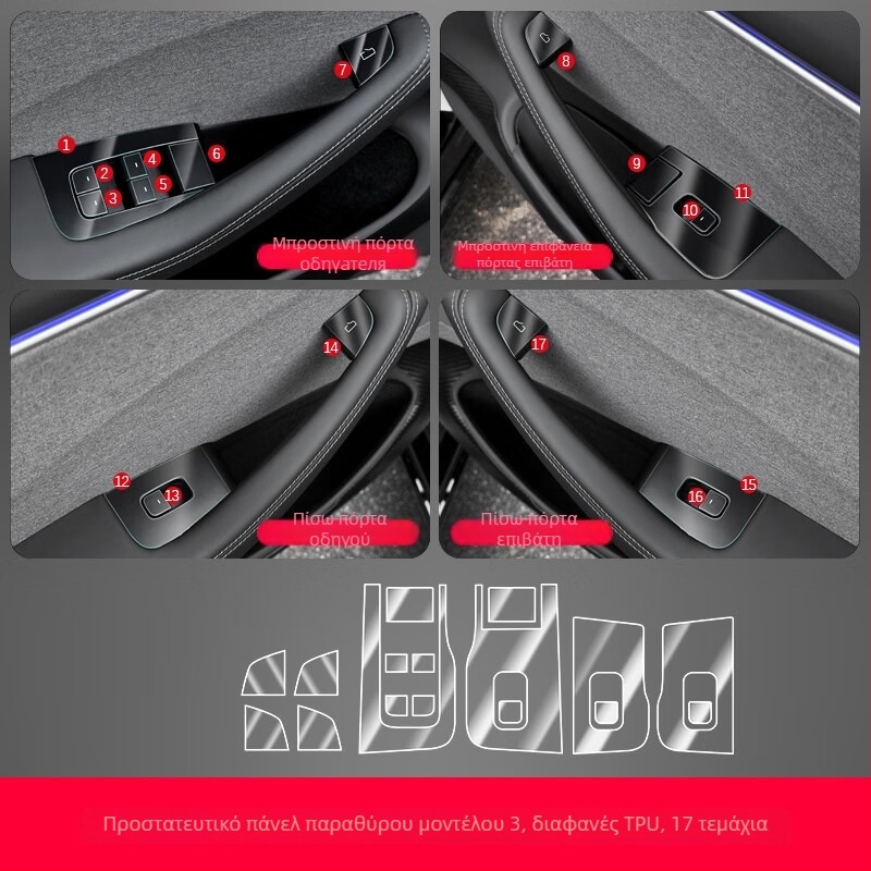 TPU φιλμ προστασίας κεντρικής κολώνας για το Tesla Model 3 – προστασία από γρατσουνιές για τα κουμπιά του τιμονιού, το κουμπί της πόρτας, τον κεντρικό έλεγχο και το πάνελ διακοπτών παραθύρων