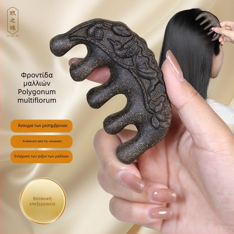 Ξύλινο χτένι με Polygonum multiflorum για μασάζ τριχωτού κεφαλής και διέγερση μεσημβρινών – Παραδοσιακή Κινέζικη Ιατρική