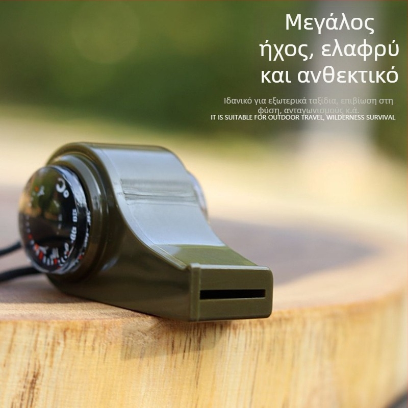 Τρία σε ένα: πυξίδα, σφυρίχτρα διάσωσης και θερμόμετρο για υπαίθρια επιβίωση — φορητό πολυλειτουργικό εργαλείο επιβίωσης