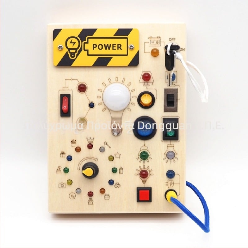 Ξύλινος Πίνακας Δραστηριοτήτων για την Πρόωρη Εκπαίδευση με LED Φως, Υποδοχές και Διακόπτες — Διαδραστικό παιχνίδι που λειτουργεί με μπαταρίες για παιδιά 4–6 ετών