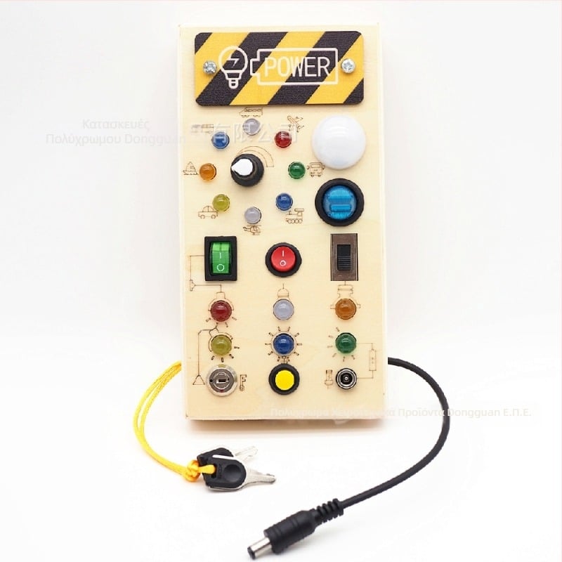 Ξύλινος Πίνακας Δραστηριοτήτων για την Πρόωρη Εκπαίδευση με LED Φως, Υποδοχές και Διακόπτες — Διαδραστικό παιχνίδι που λειτουργεί με μπαταρίες για παιδιά 4–6 ετών