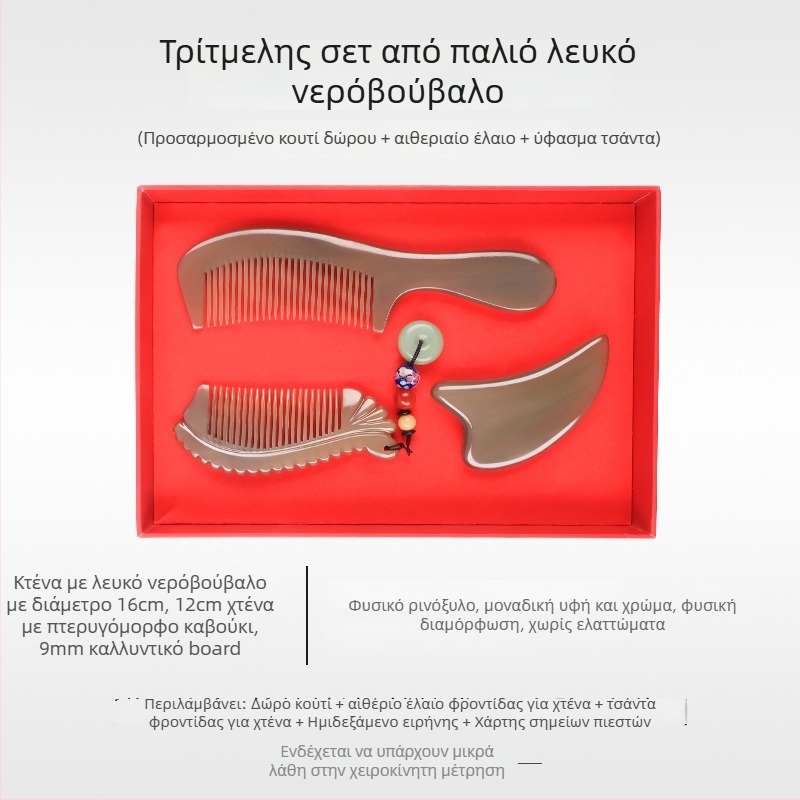 Mu Yi Ke Χτένα από κέρατο βούβαλου για άνδρες και γυναίκες - Αντιστατική, μασάζ με μεσημβρινούς στο τριχωτό της κεφαλής, μήκος 15–20 εκ