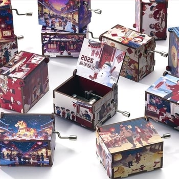 Ξύλινο χειροκίνητο μουσικό κουτί, σειρά Νέου Έτους, καρτούν στυλ, UV εκτύπωση, εκτύπωση λογότυπου, προσαρμογή