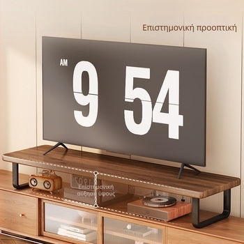 Ρίζερ τηλεόρασης από μασίβο ξύλο και σιδερένια διακόσμηση, μοντέρνο μινιμαλιστικό στυλ, επιτραπέζια βάση, 1 επίπεδο, μοντέλο Shelf