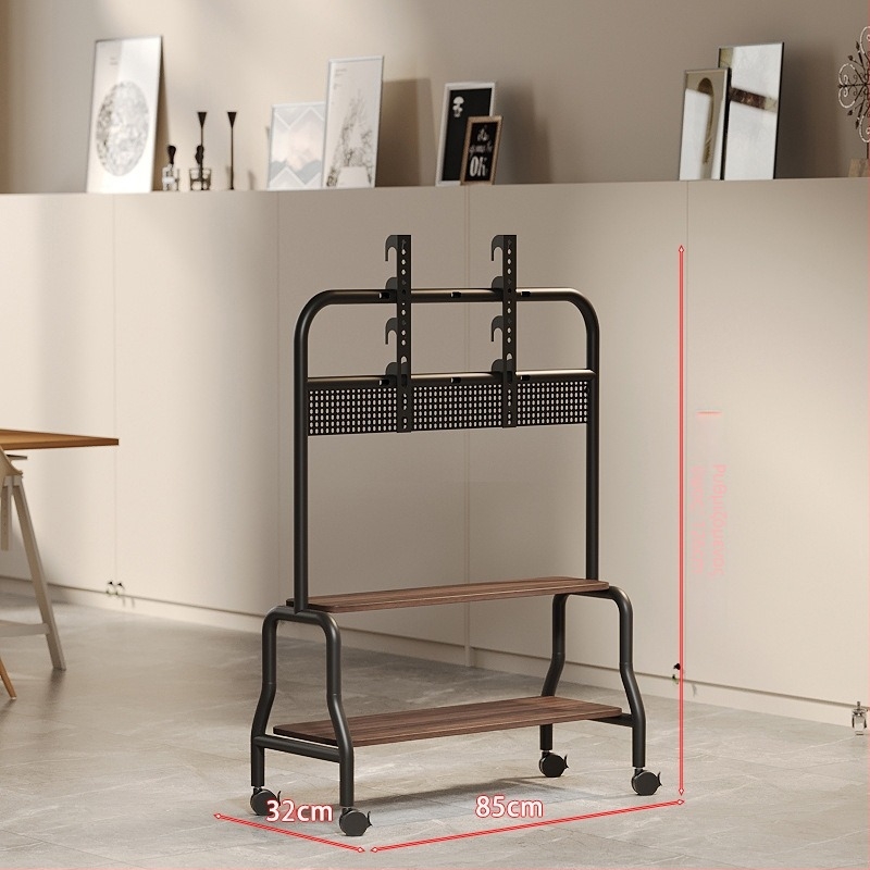 Βάση δαπέδου για τηλεόραση με ατσάλινο πλαίσιο, ράφια από καρυδιά, κινητό καρότσι με τροχούς