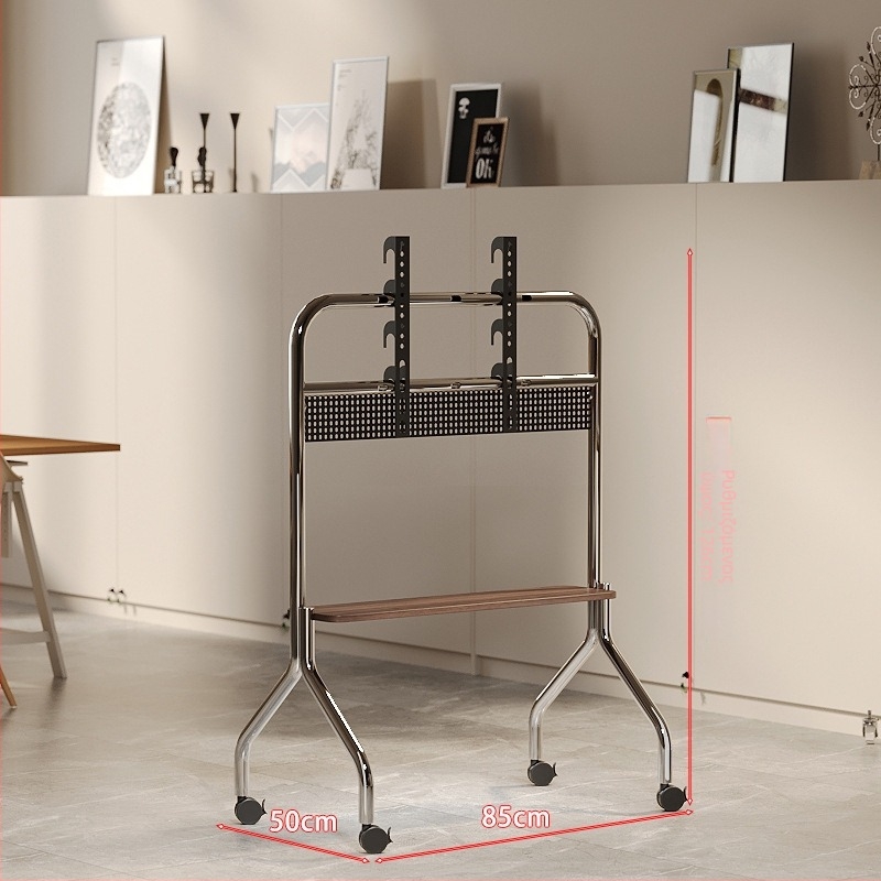 Βάση δαπέδου για τηλεόραση με ατσάλινο πλαίσιο, ράφια από καρυδιά, κινητό καρότσι με τροχούς