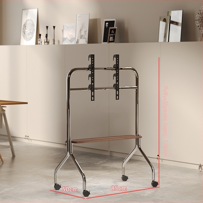 Βάση δαπέδου για τηλεόραση με ατσάλινο πλαίσιο, ράφια από καρυδιά, κινητό καρότσι με τροχούς